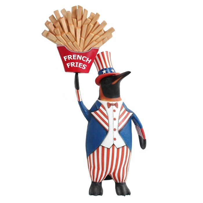 Pinguin amerika mit Pommes lebensgroß Deko- & Werbefigur