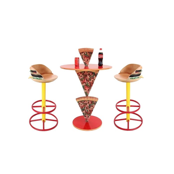 Pizzatisch 2 Pizzastücke mit Burger Barhockern vergrößert Sitzmöglichkeit, Tisch