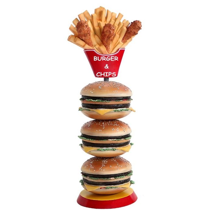 3 Burger mit Hühnchen und Pommes vergrößert Deko- & Werbefigur