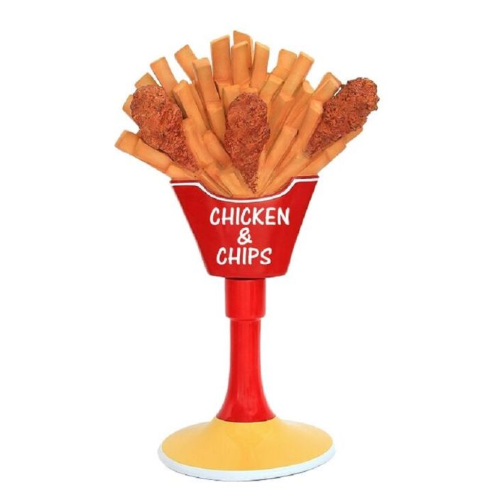 Hühnchen und Pommes mit Ständer vergrößert Deko- & Werbefigur