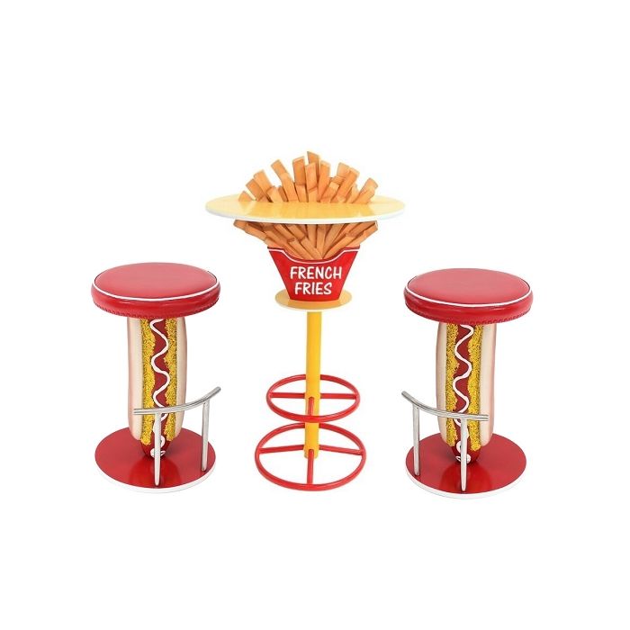 Pommestisch auf Ständer und Hot Dog Hocker vergrößert Sitzmöglichkeit, Tisch