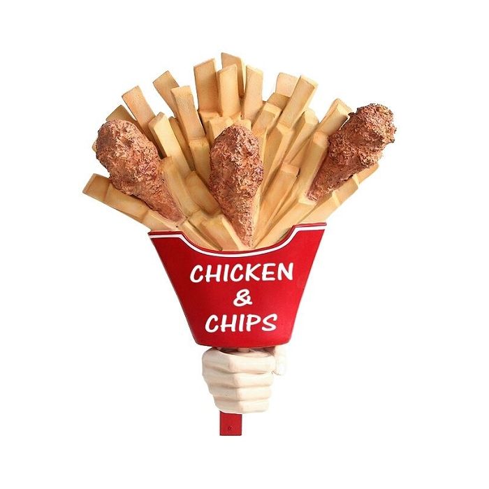 Hühnchen und Pommes mit Hand für Wand vergrößert Deko- & Werbefigur