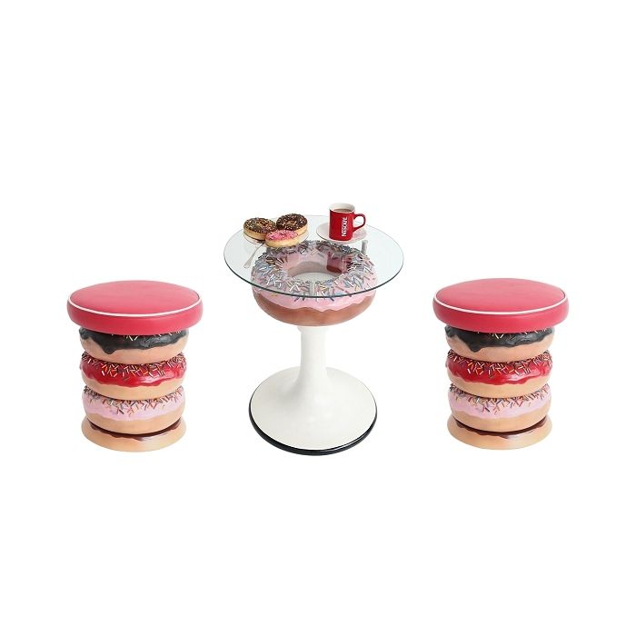 Donuttisch rosa auf Ständer mit Glasplatte und Donuthocker klein vergrößert Sitzmöglichkeit, Tisch