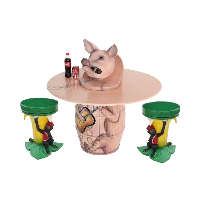 Schweinetisch mit Bananenhockern lebensgroß Sitzmöglichkeit, Tisch