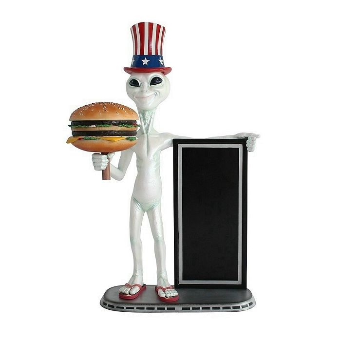 Alien amerika mit Burger und Angebotstafel lebensgroß Deko- & Werbefigur