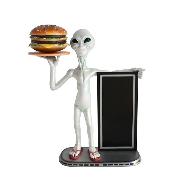 Alien mit Burger auf Tablett und Angebotstafel 1 lebensgroß Deko- & Werbefigur