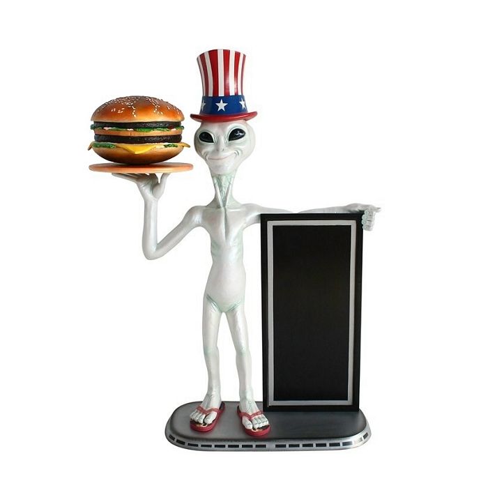 Alien amerika mit Burger auf Tablett und Angebotstafel 1 lebensgroß Deko- & Werbefigur
