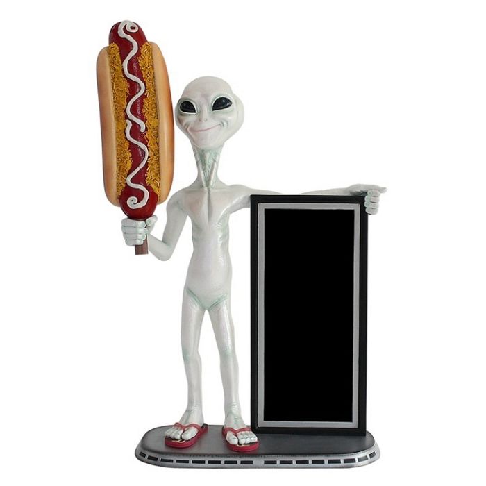 Alien mit Hotdog und Angebotstafel lebensgroß Deko- & Werbefigur