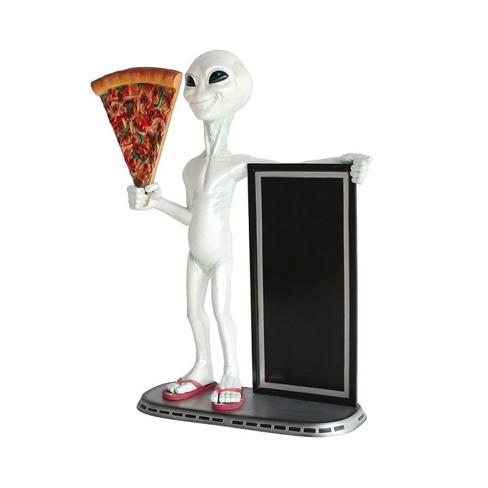 Alien mit Pizzastück und Angebotstafel lebensgroß Deko- & Werbefigur