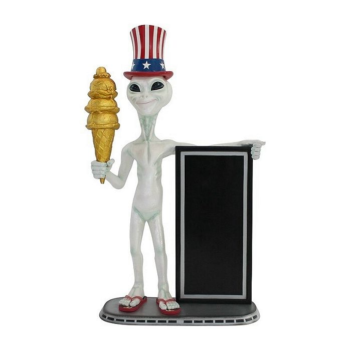 Alien mit Amerikahut, Angebotstafel und goldenem Eis lebensgroß Deko- & Werbefigur