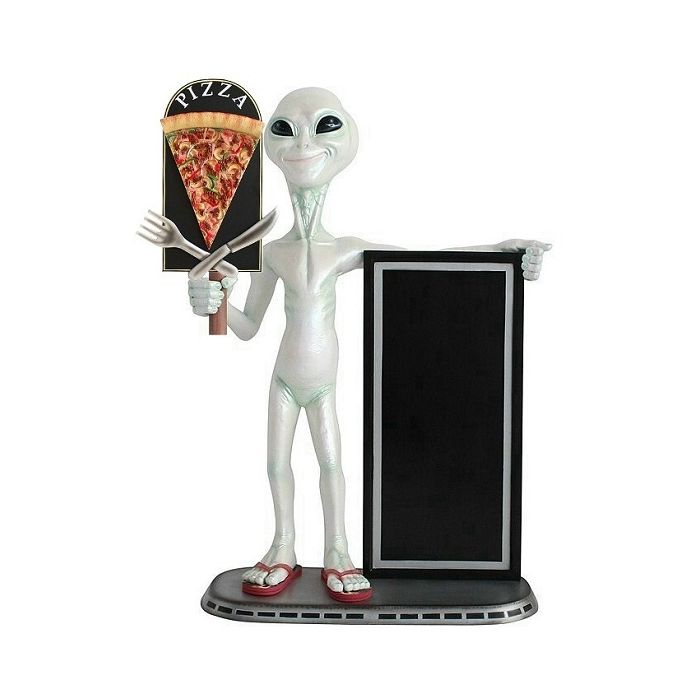 Alien mit Pizzaschild und Angebotstafel lebensgroß Deko- & Werbefigur