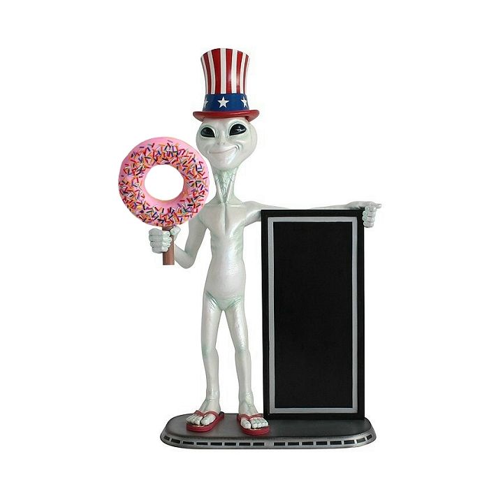 Alien amerika mit Donut rosa und Angebotstafel lebensgroß Deko- & Werbefigur