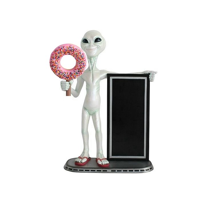 Alien mit Donut rosa und Angebotstafel lebensgroß Deko- & Werbefigur