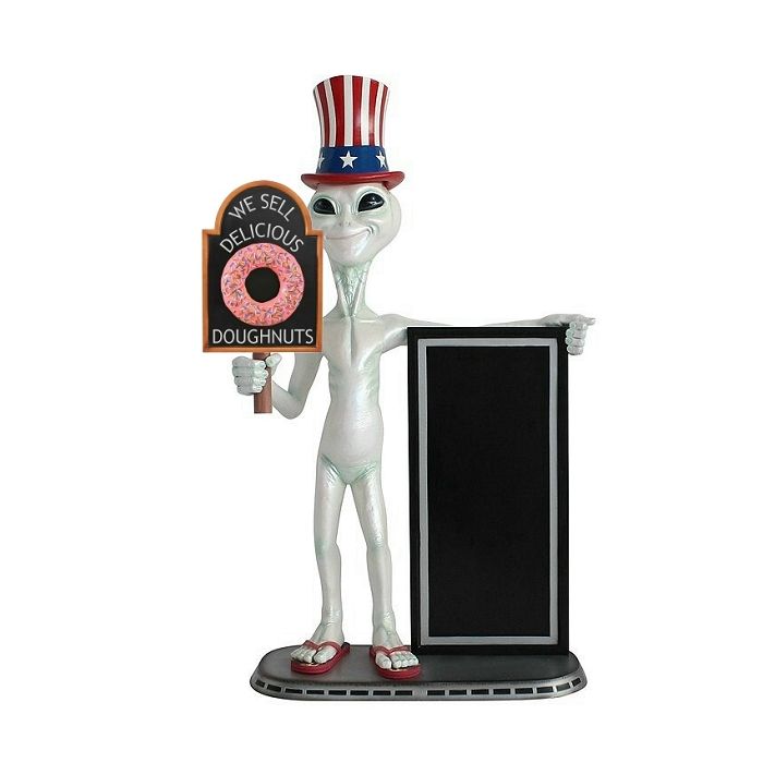 Alien amerika mit Donut auf Tafel und Angebotstafel  lebensgroß Deko- & Werbefigur