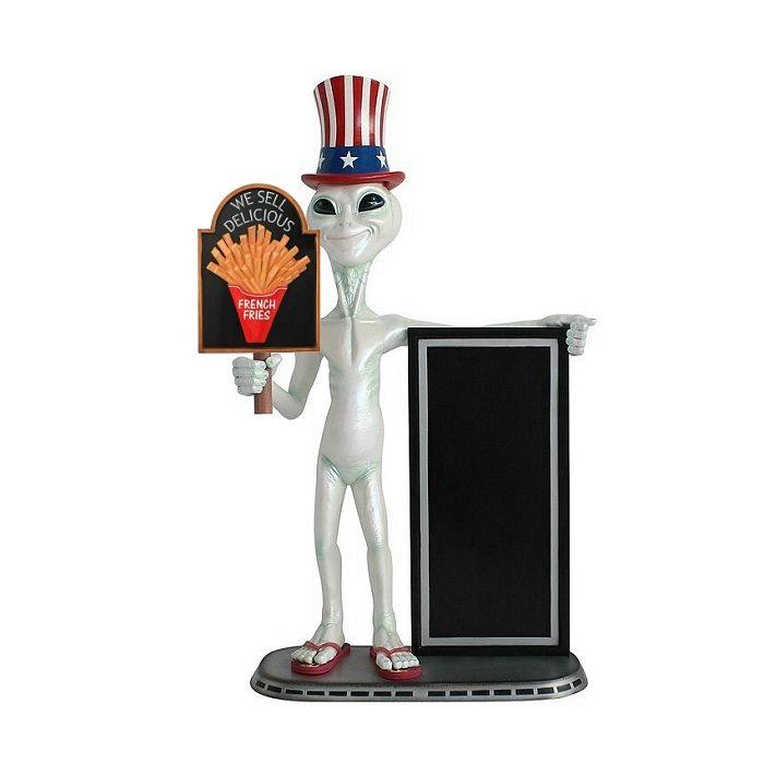 Alien amerika mit Pommes auf Tafel und Angebotstafel lebensgroß Deko- & Werbefigur