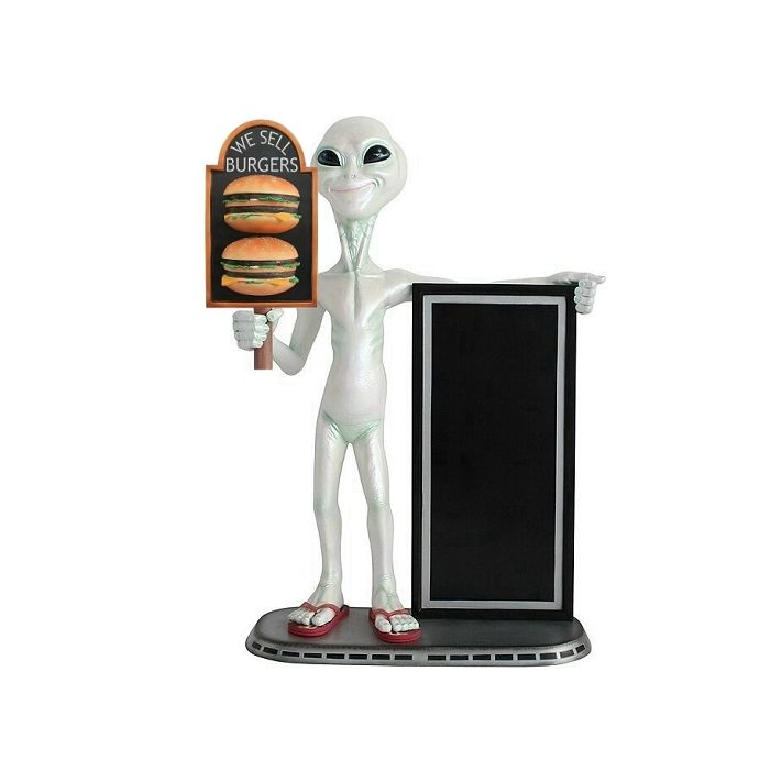 Alien mit 2 Burgern auf Tafel und Angebotstafel lebensgroß Deko- & Werbefigur