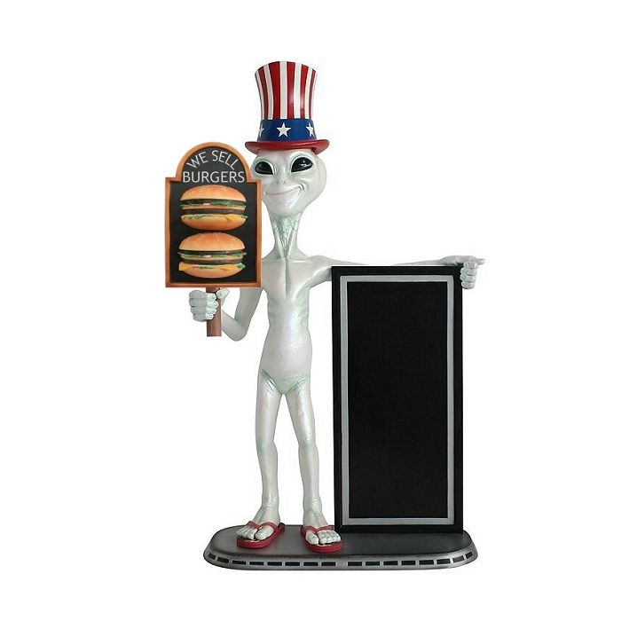 Alien amerika mit 2 Burgern auf Tafel und Angebotstafel lebensgroß Deko- & Werbefigur