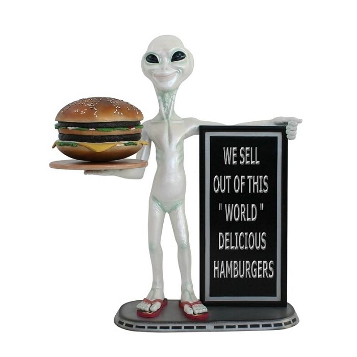 Alien mit Burger auf Tablett und Angebotstafel 2 lebensgroß Deko- & Werbefigur