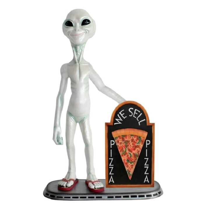 Alien mit Pizza auf Angebotstafel lebensgroß Deko- & Werbefigur