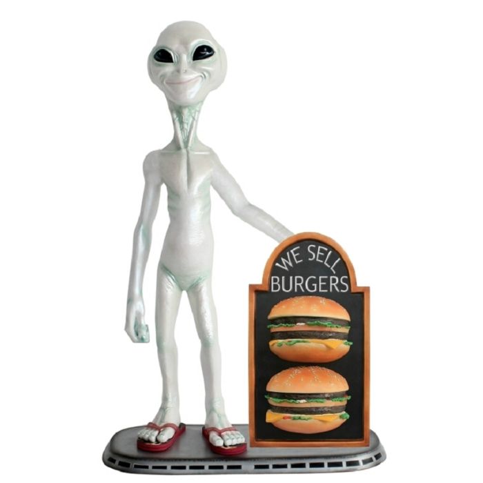 Alien mit 2 Burgern auf Angebotstafel lebensgroß Deko- & Werbefigur
