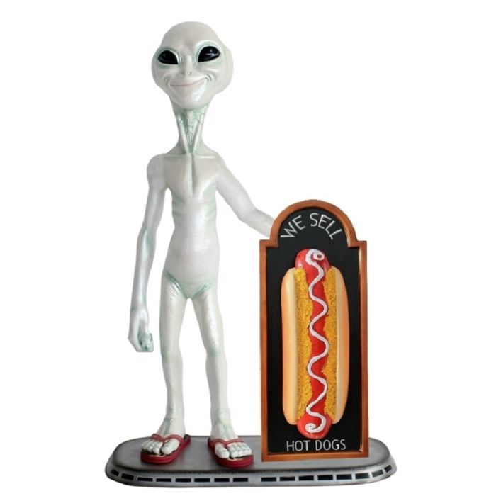 Alien mit Hotdog auf Angebotstafel lebensgroß Deko- & Werbefigur