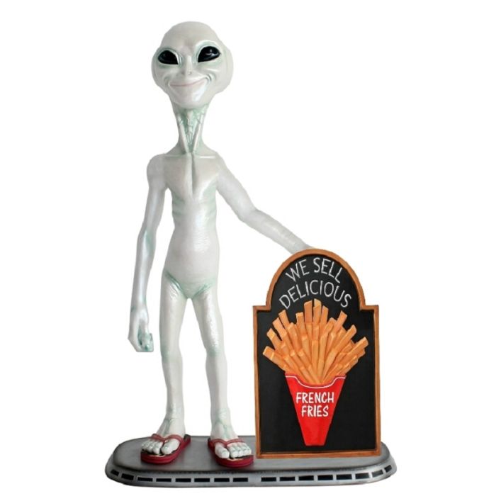 Alien mit Pommes auf Angebotstafel lebensgroß Deko- & Werbefigur