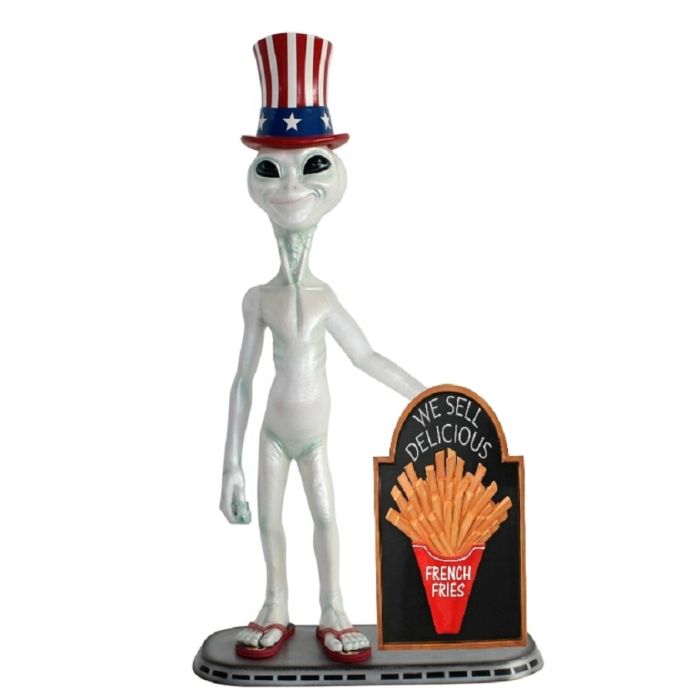 Alien amerika mit Pommes auf Angebotstafel lebensgroß Deko- & Werbefigur