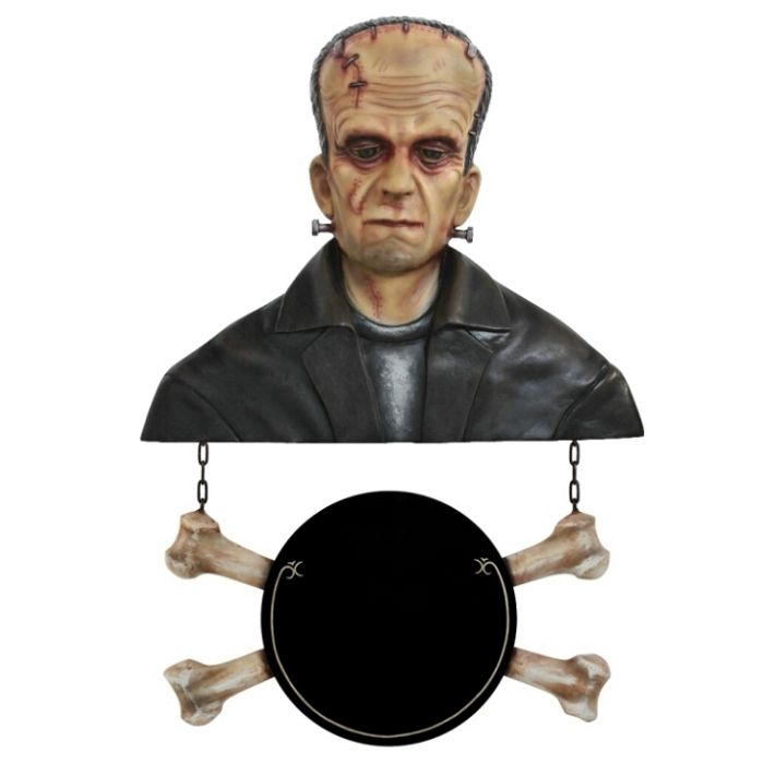 Monster Frankenstein Büste mit Angebotsschild Knochen lebensgroß Angebotstafel