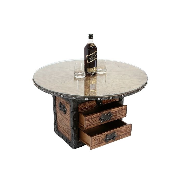 Truhe Tisch mit Holz und Glasplatte Rund und Schubladen lebensgroß Tisch