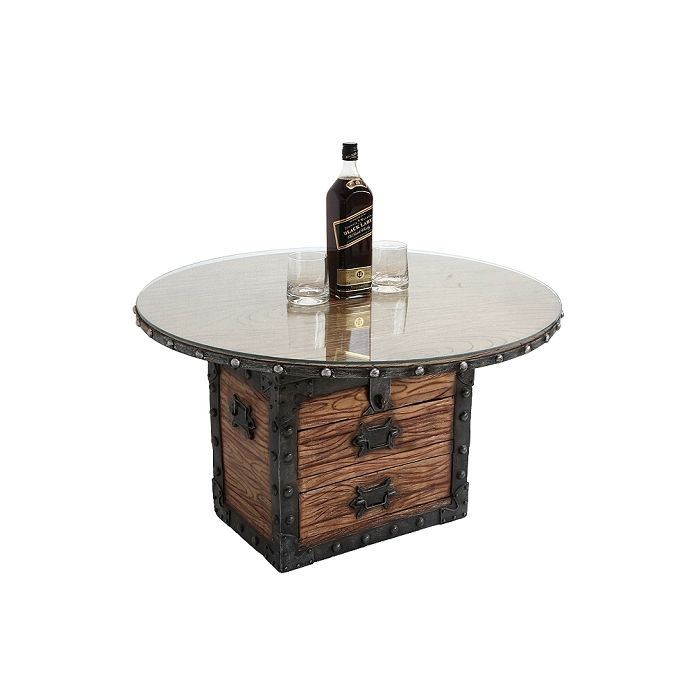 Truhe Tisch mit Holz und Glasplatte Rund und Schubladen lebensgroß Tisch