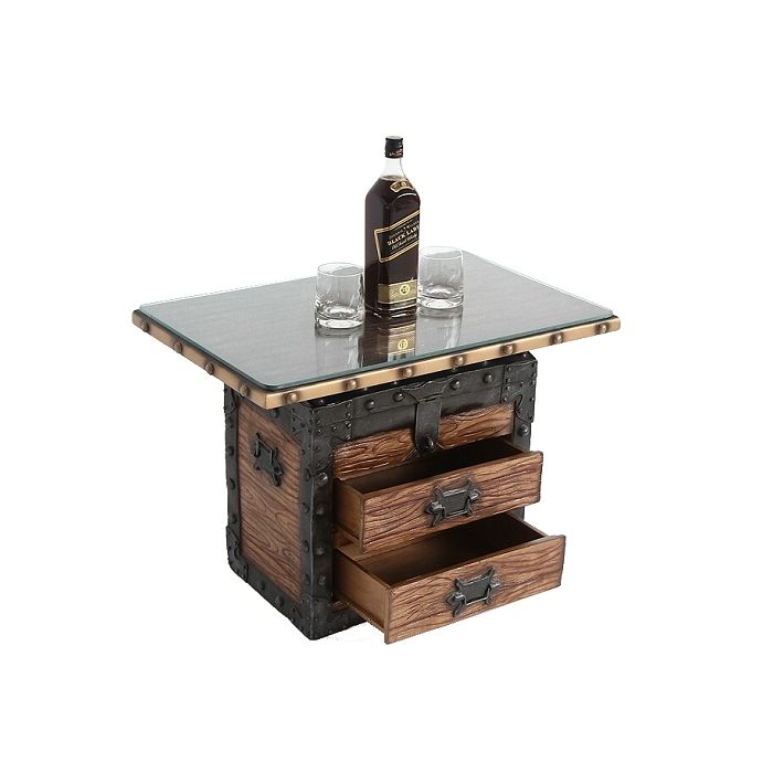 Truhe Tisch mit Holz und Glasplatte und Schubladen lebensgroß Tisch