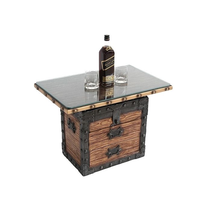 Truhe Tisch mit Holz und Glasplatte und Schubladen lebensgroß Tisch