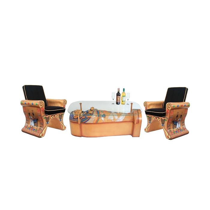 ägyptischer Sarg Tisch mit Glasplatte und Sitzen lebensgroß Sitzmöglichkeit, Tisch