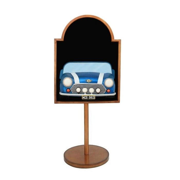 Angebotsschild mit Mini Cooper Blau auf Ständer verkleinert Angebotstafel