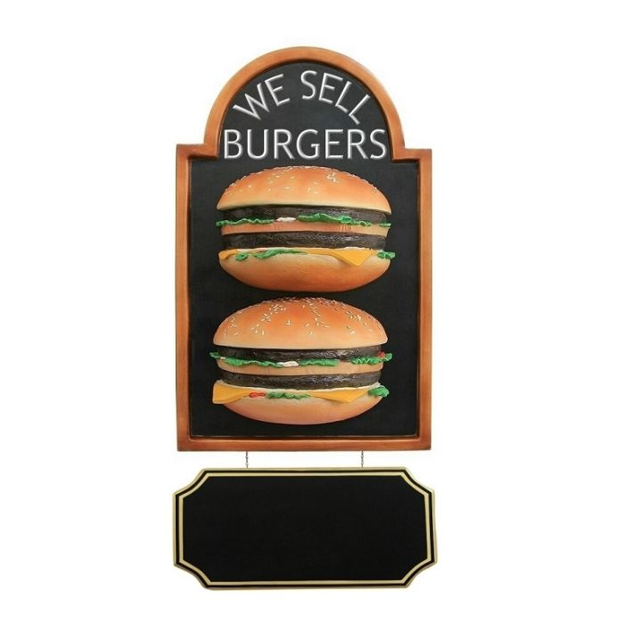 2 Burger auf Angebotstafel mit Angebotsschild vergrößert Schild
