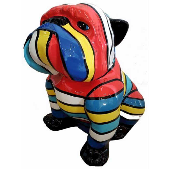 Hund Bulldogge sitzend bunt gestreift medium lebensgroß Deko- & Werbefigur