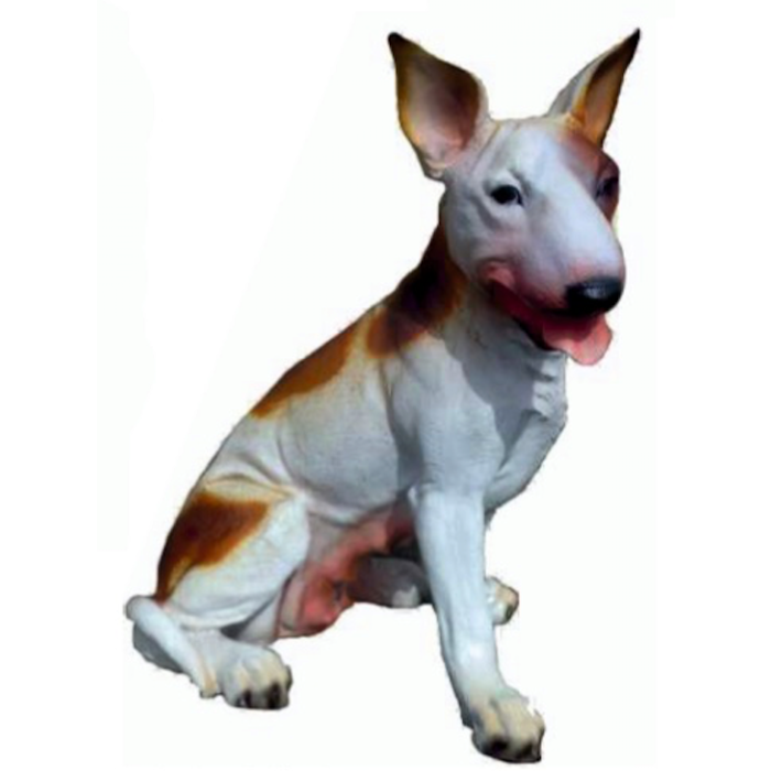 Kampfhund Bullterrier sitzend braun weiß lebensgroß Dekorationsfigur