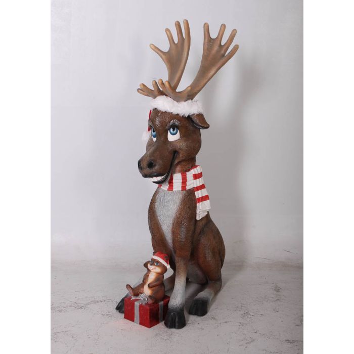 lustiges Rentier mit Geschenk lebensgroß Dekorationsfigur