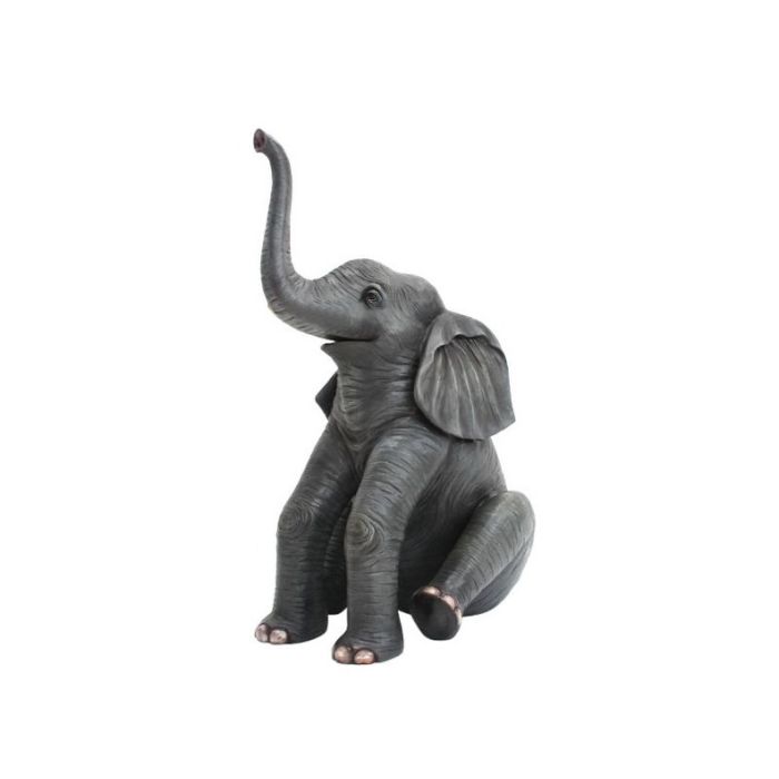 Elefant sitzend mit gehobenem Rüssel lebensgroß Deko- & Werbefigur