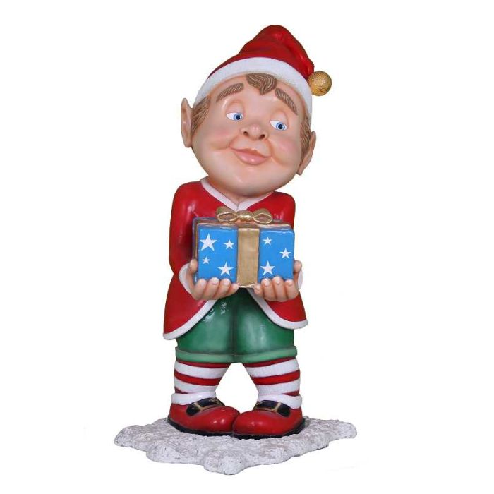 Comic Elf mit Geschenk lebensgroß