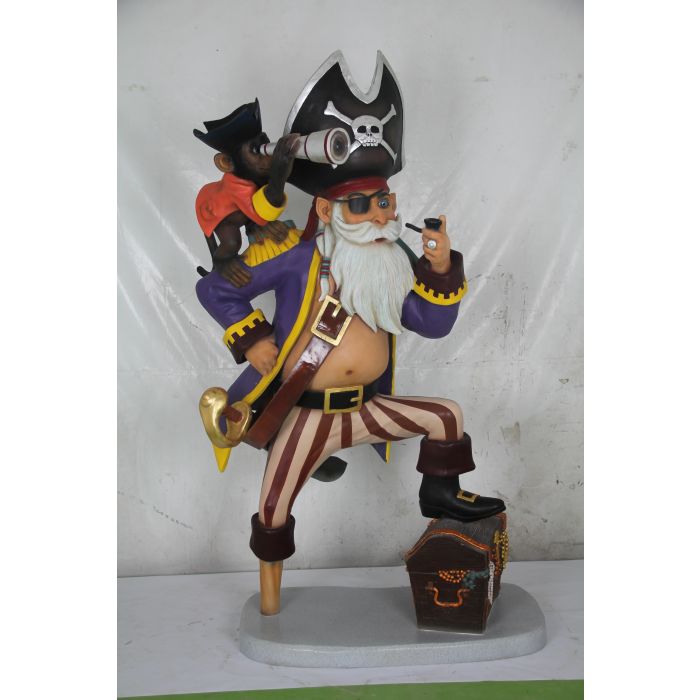 Piratencapitän auf Holzbein mit Affe lebensgroß Deko- & Werbefigur