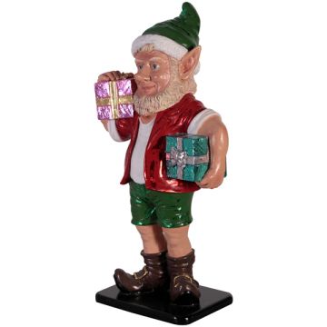 sonniger Weihnachtsgehilfe Elf mit zwei Geschenken lebensgroß
