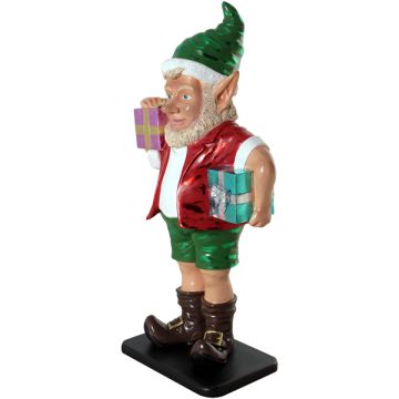 sonniger Weihnachtsgehilfe Elf mit Geschenken lebensgroß