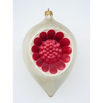 kleine Weihnachtskugel in Blütenform Silber-Rot vergrößert