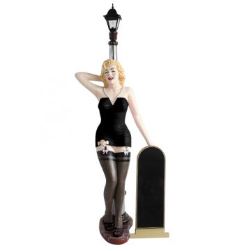 Marilyn schwarz schwarz mit Laterne und Angebotstafel lebensgroß