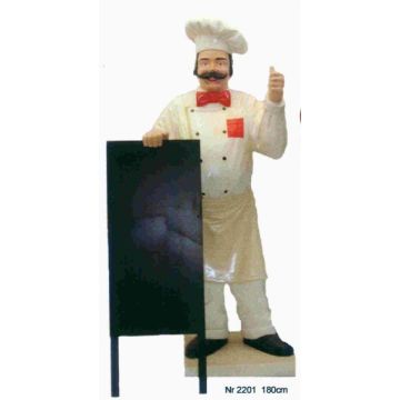 Koch mit stehender Menütafel lebensgroß