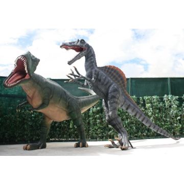 Dinosaurier Spinosaurus greift Tyrannosaurus an lebensgroß