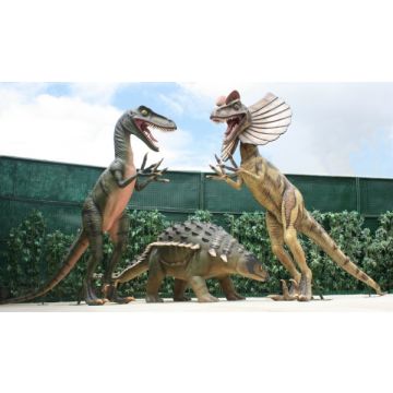 Dinosaurier Velociraptor, Dilophosaurus greifen Edmontonia an lebensgroß