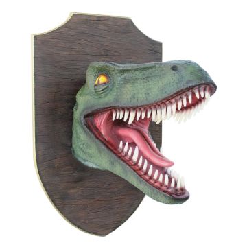 Dinosaurier Raptorkopf grün auf Holz lebensgroß