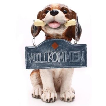 Hund mit Willkommensschild lebensgroß